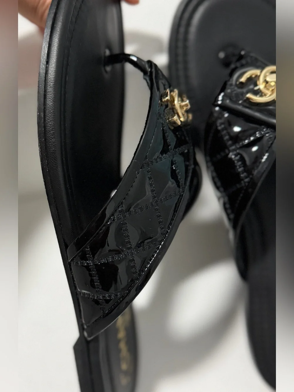 CHANEL Black Quilted Patent Leather Slide Sandals